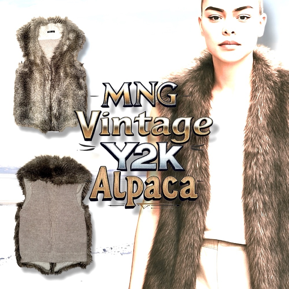 MNG Mango Vest Vintage 90s Y2K Brown Alpaca Fur Knit Open Front Women’s Size M